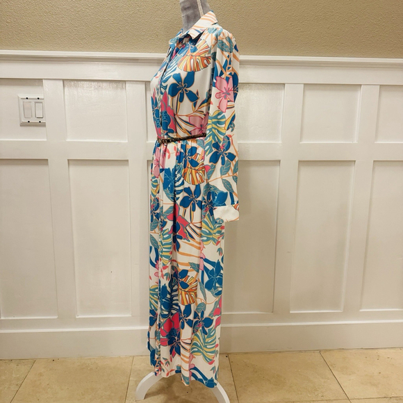 NWT Tolani Blue Tropica Maxi Dress Size:S Pocket Floral Button Front Long Sleeve - Picture 2 of 15